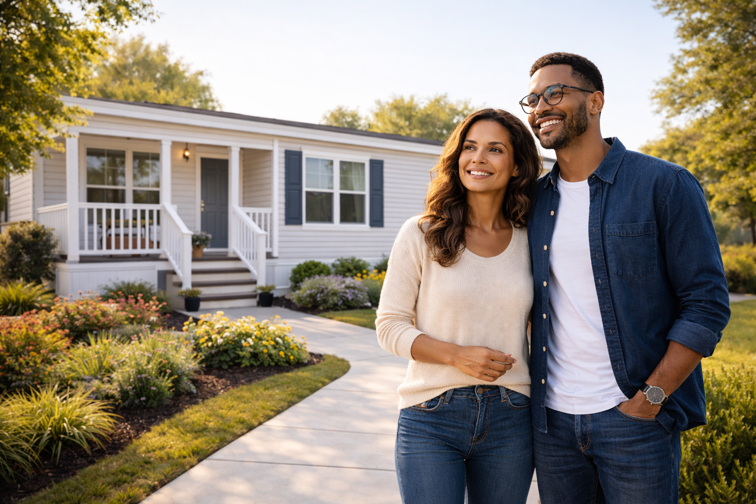 Couple standing outside a manufactured home, representing manufactured home insurance protection, pride of ownership, and peace of mind.