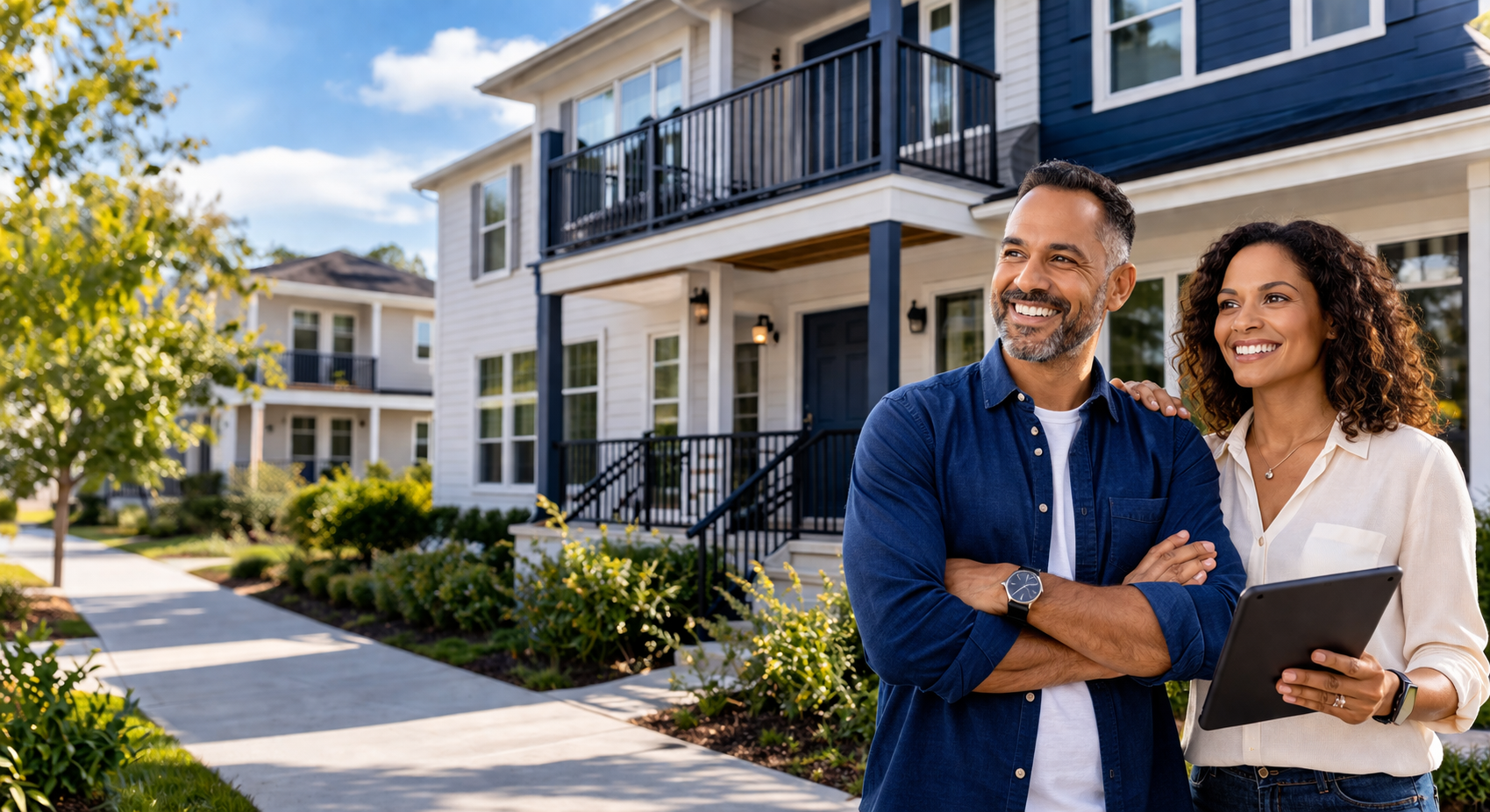 Couple standing in front of a duplex rental property, representing landlord insurance protection, investment confidence, and peace of mind | Timothy Doud | Allstate