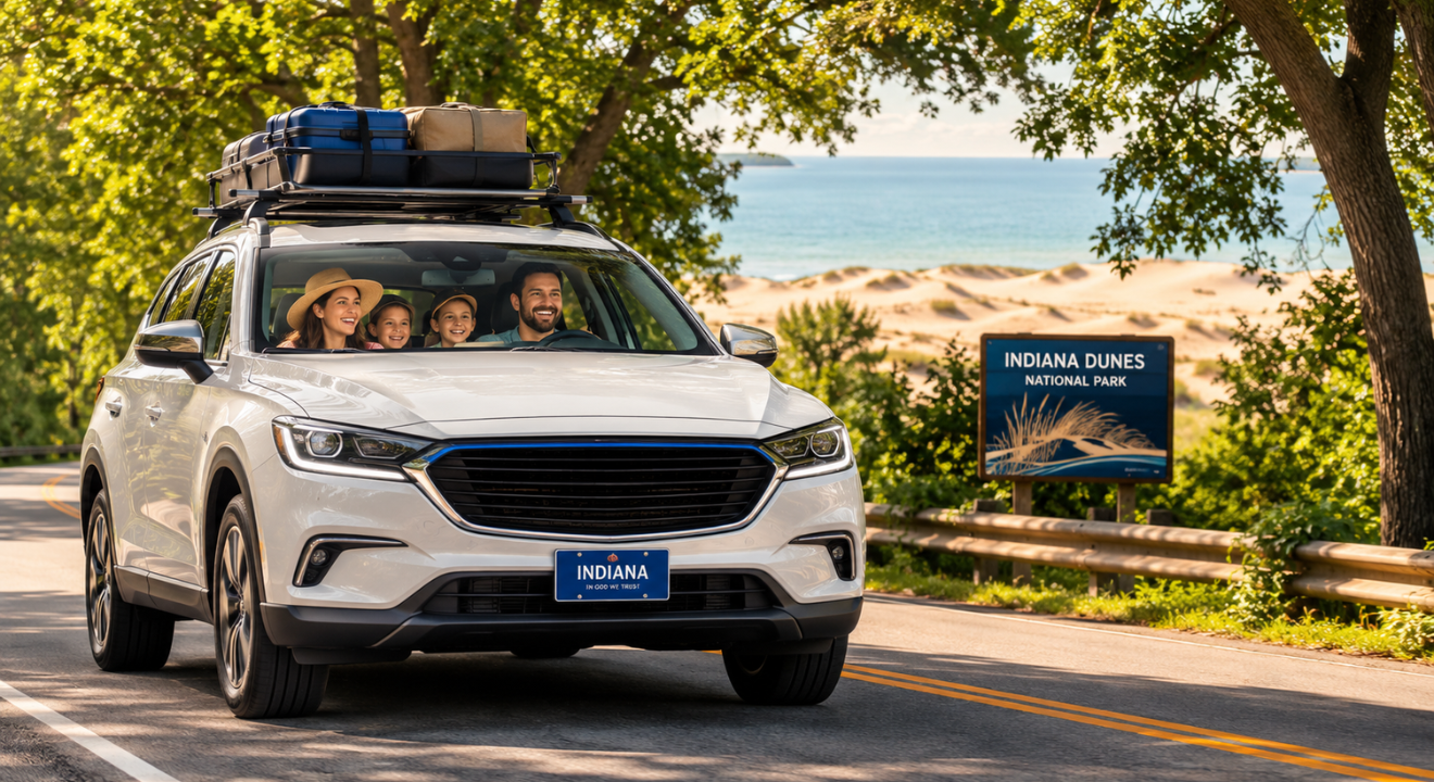 Happy family in a car packed for summer road trip in Indiana, surrounded by lush trees and a sunny sky, embracing adventure | Timothy Doud: Allstate