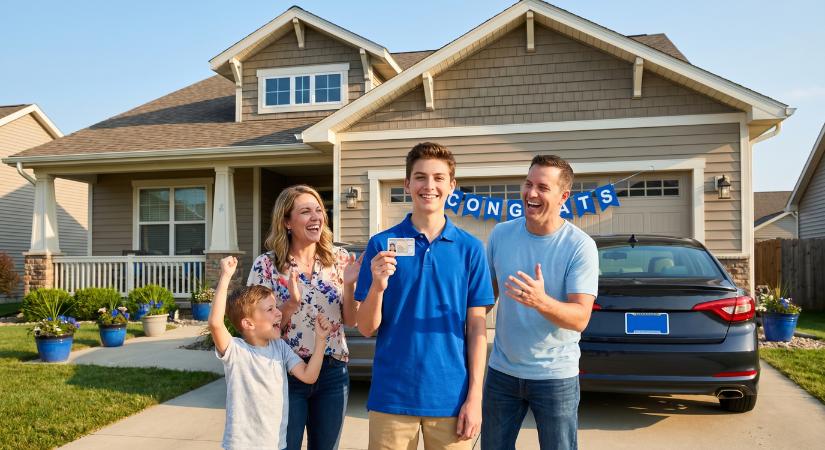 Happy family celebrates teen's learner's permit in Goshen, IN, showcasing excitement and pride with warm summer light.