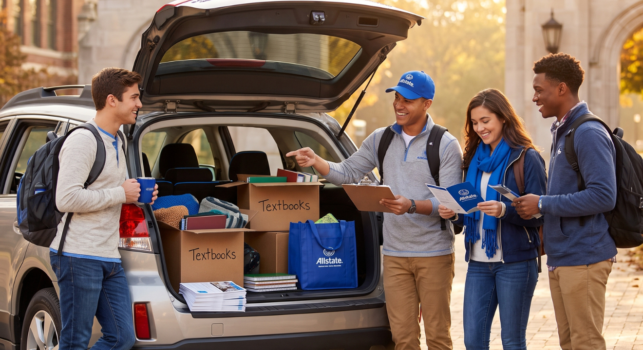 Diverse college students by a car filled with supplies near iconic Indiana landmarks | Timothy Doud: Allstate