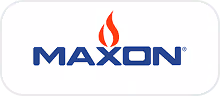 Maxon Firmenlogo mit roter Flamme über dem Schriftzug.