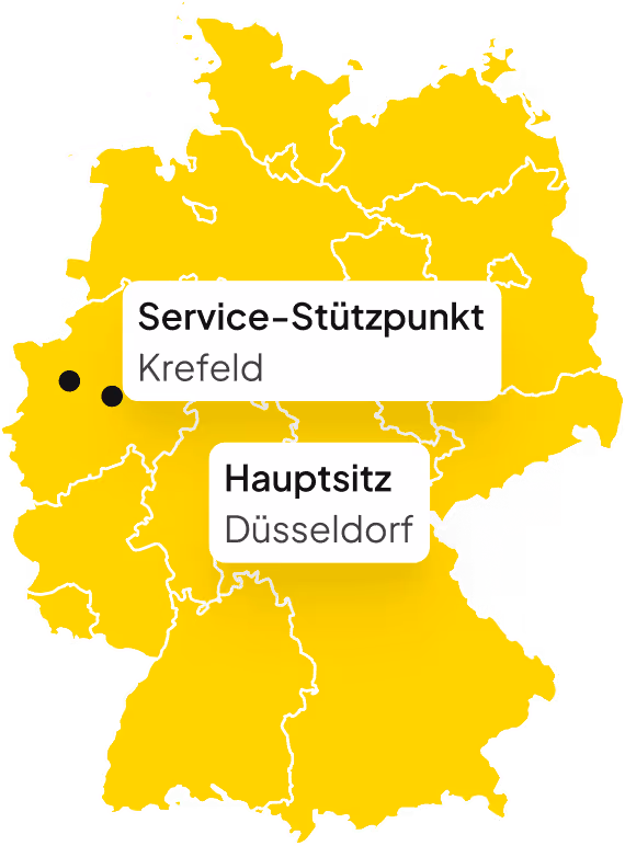 Deutschland-Karte mit Elmontha Standorte in Düsseldorf und Krefeld