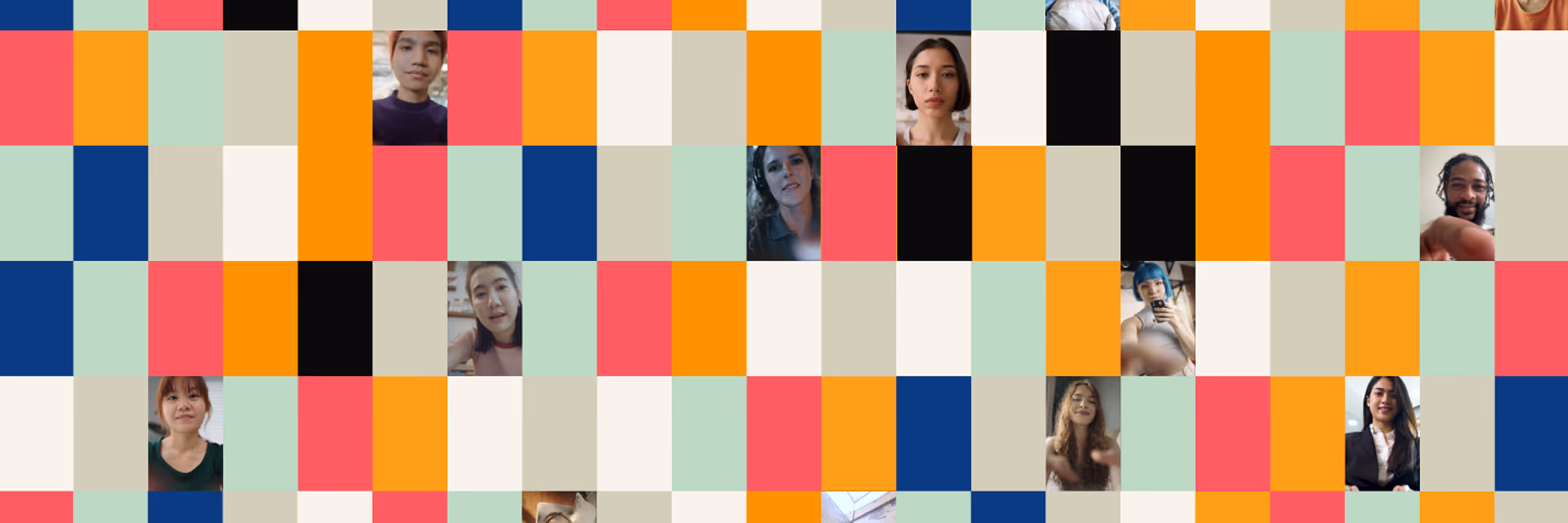 Collage of diverse people appearing in small vertical rectangular video call windows interspersed with colorful red, orange, blue, cream, and green blocks.