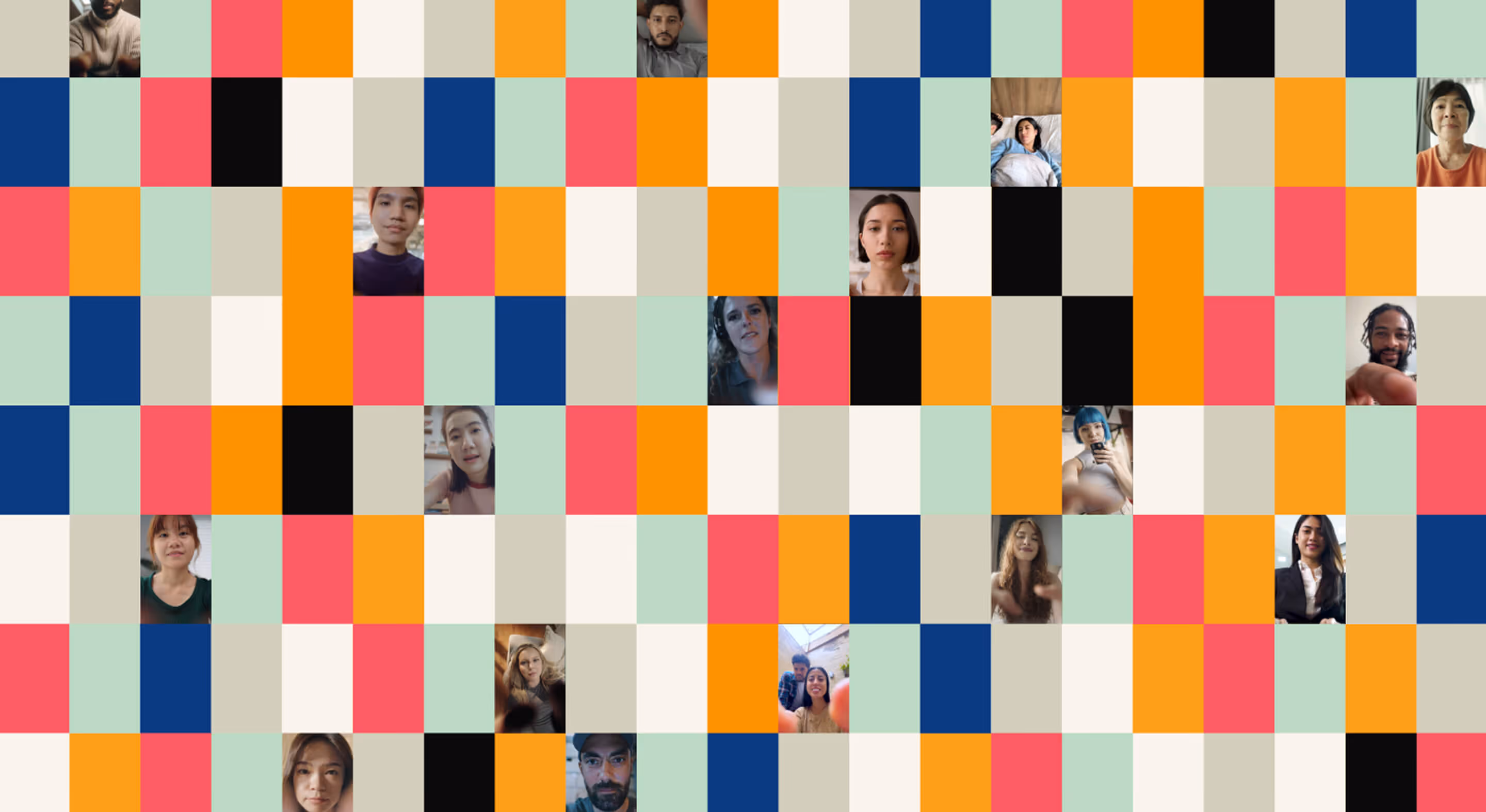 Mosaic of colorful squares interspersed with diverse faces in video call frames.