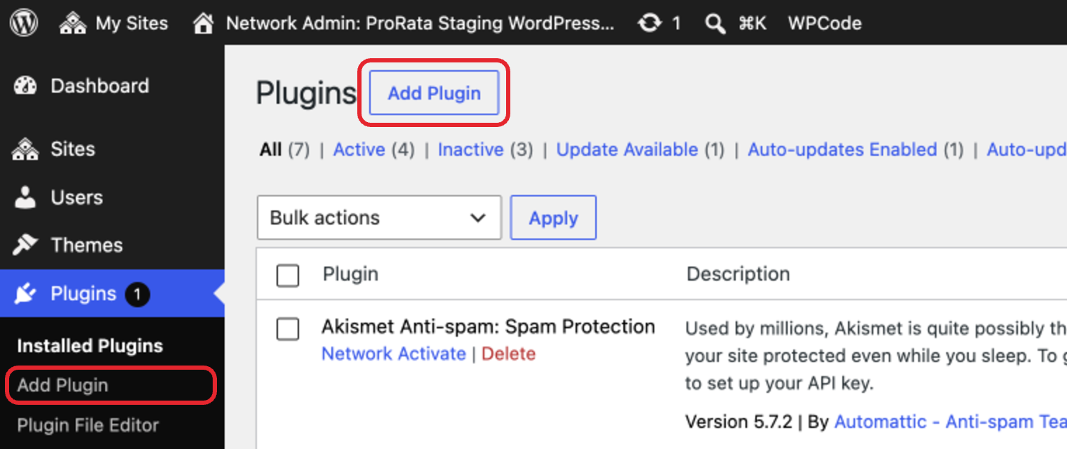 WordPress Plugins screen with the Add Plugin button and sidebar link circled