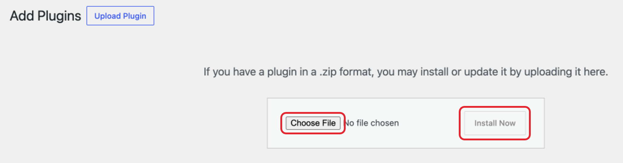Add Plugins screen with the Choose File and Install Now buttons circled
