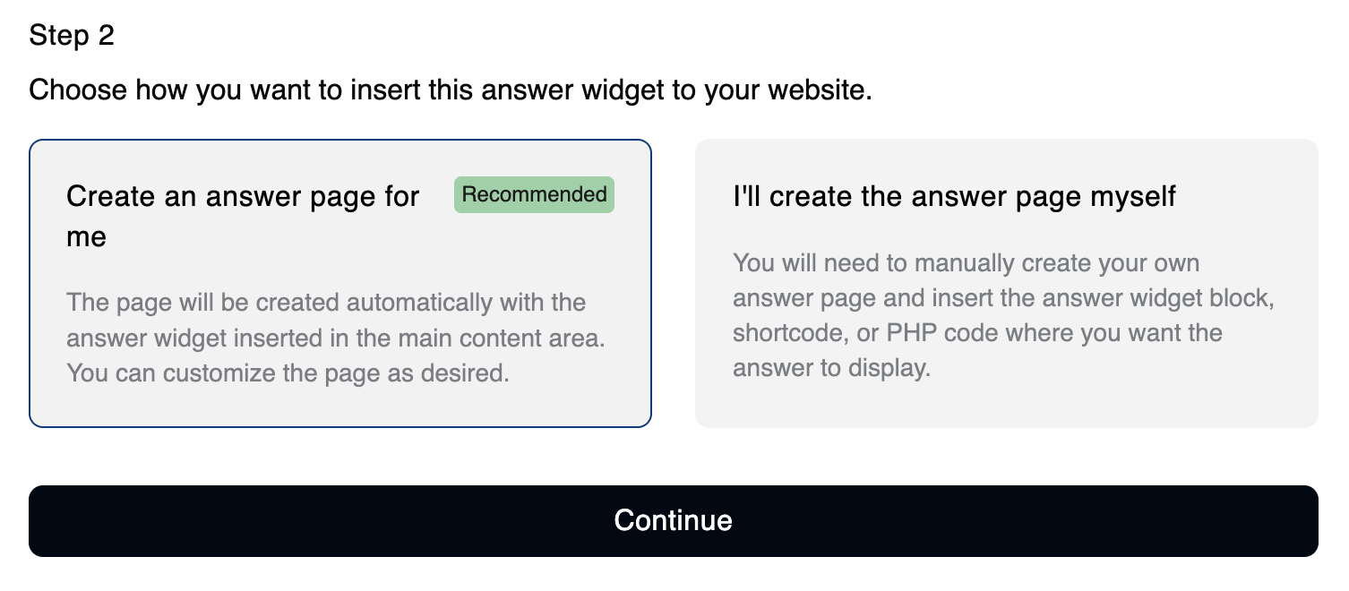 Answer page tab, Step 2: options for adding the answer widget