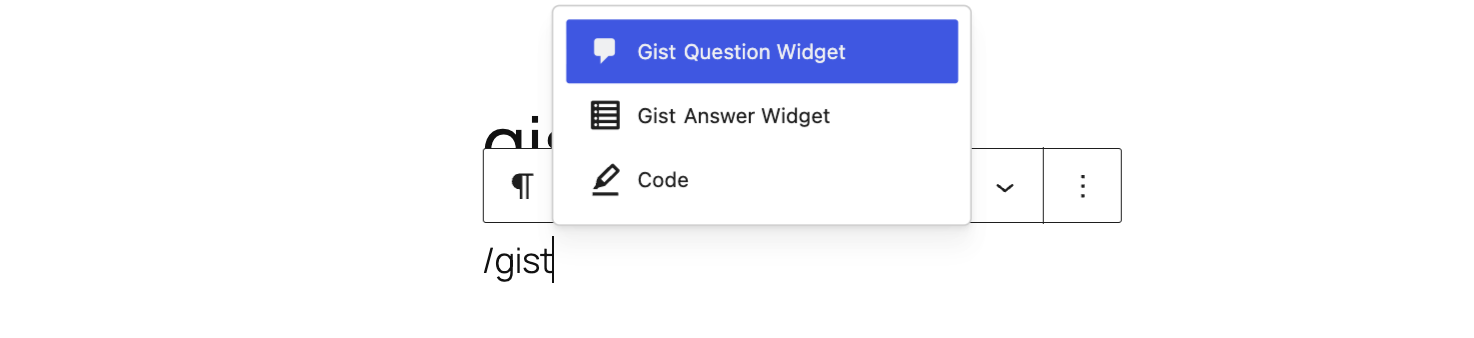 Block editor showing Gist Question Widget and Gist Answer Widget after typing /gist