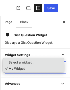 Widget Settings panel in the block editor with Select a widget