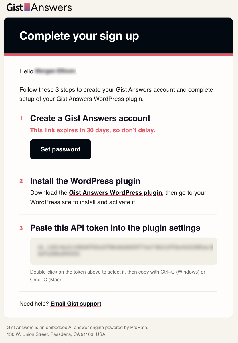 Onboarding email from answers@gist.ai with your API key and the Set password button