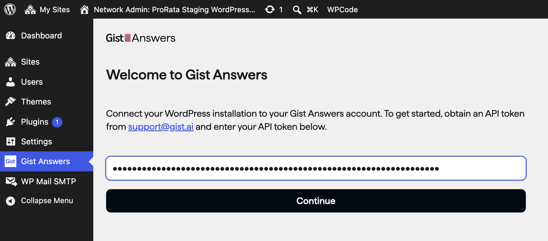 Gist Answers plugin screen for entering your API key