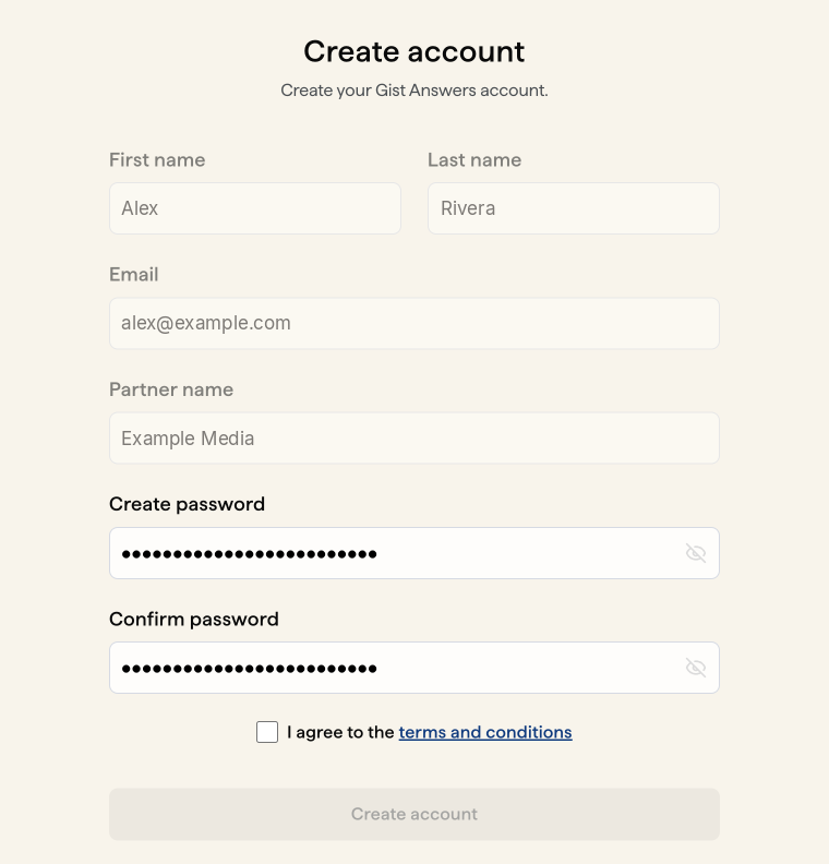 Gist Answers create account screen