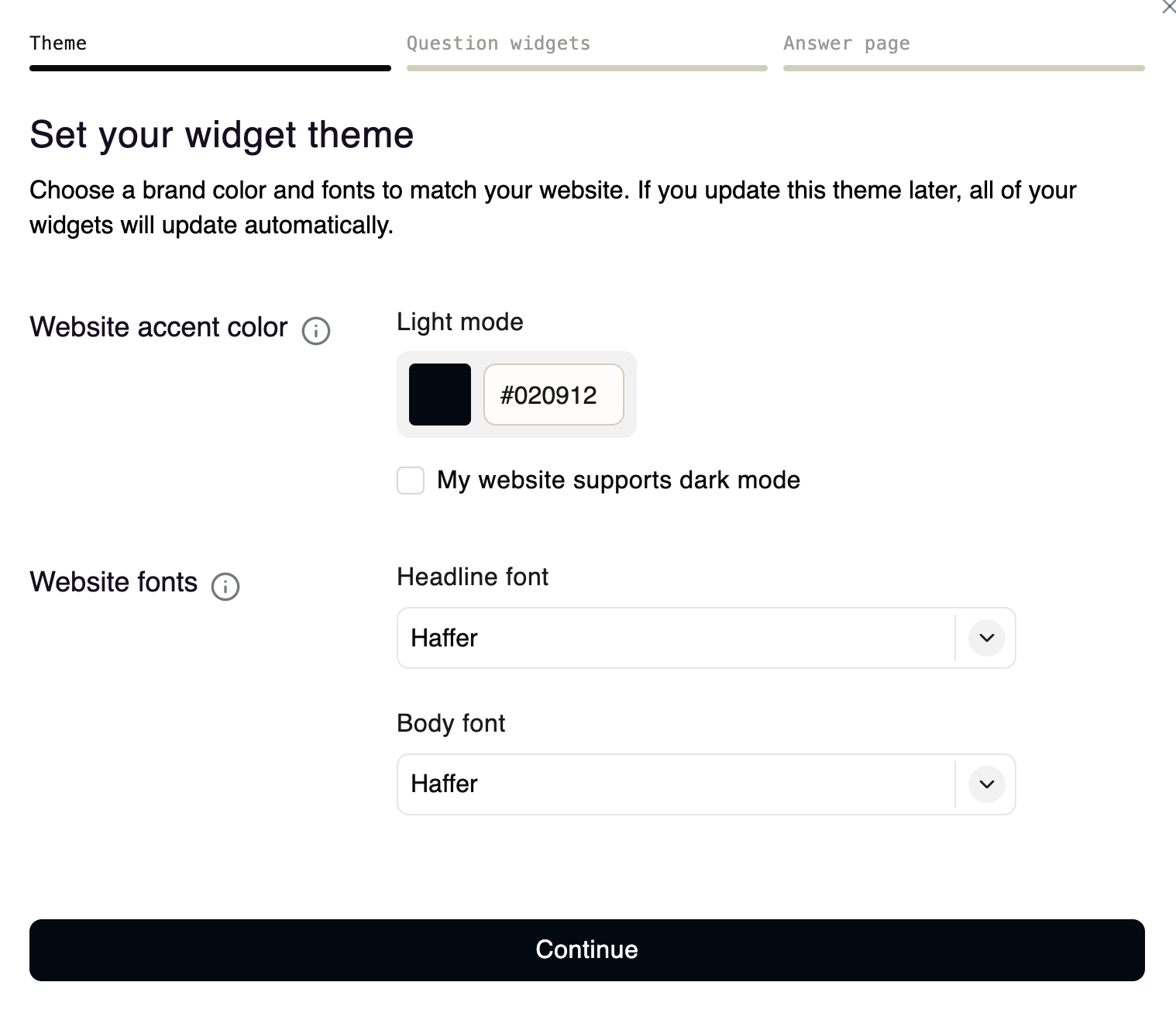 Theme tab for setting your widget accent color, fonts and dark mode color