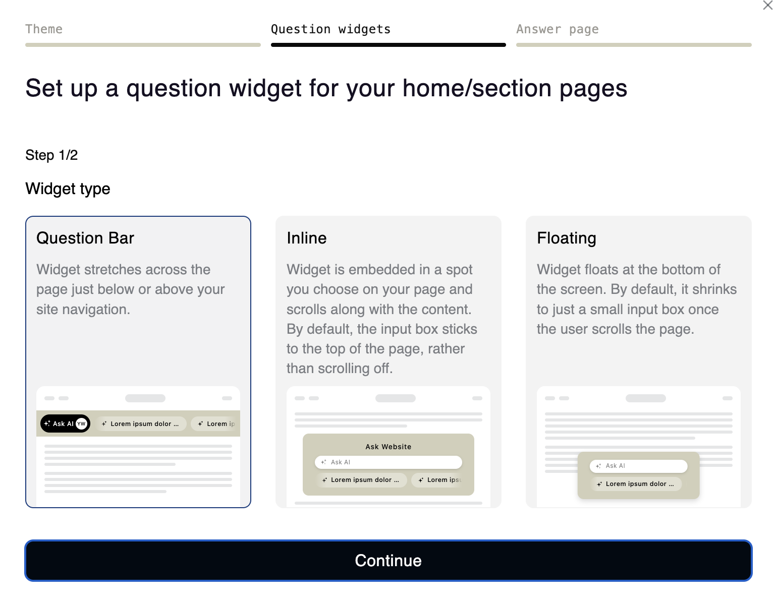 Widget type options: Question Bar, Inline and Floating
