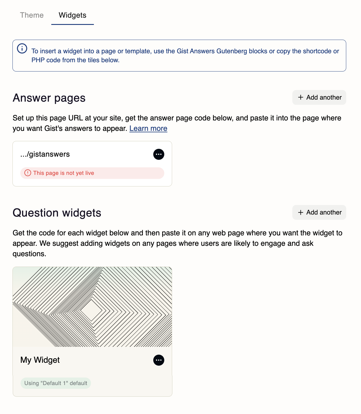 Widgets tab listing your answer pages and question widgets