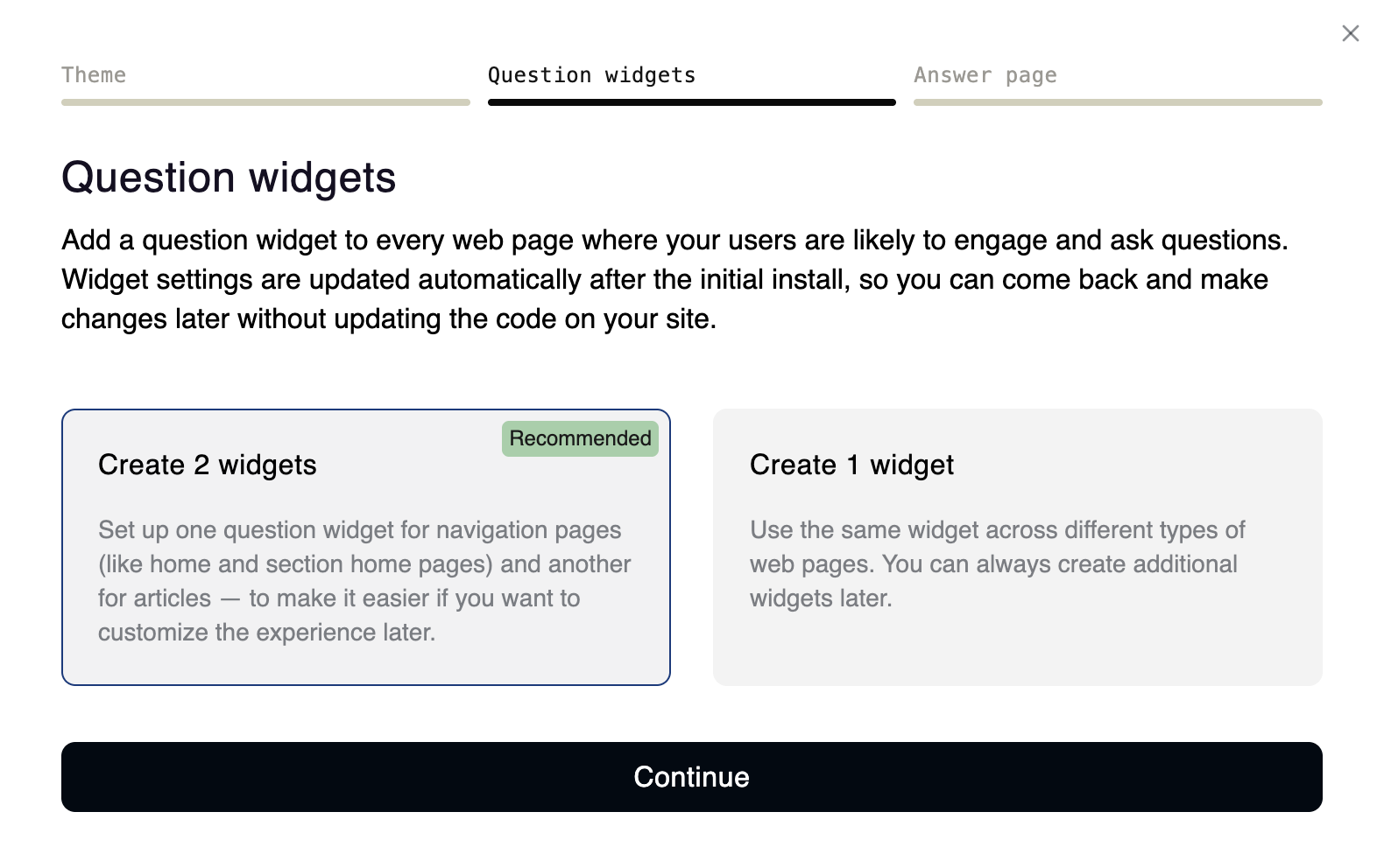 Question widgets tab for choosing how many widgets to create