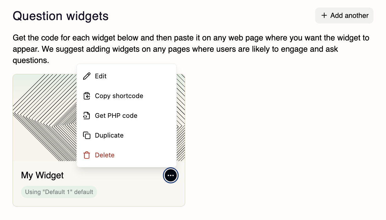 Widget ellipsis menu with Edit, Copy shortcode and Get PHP code