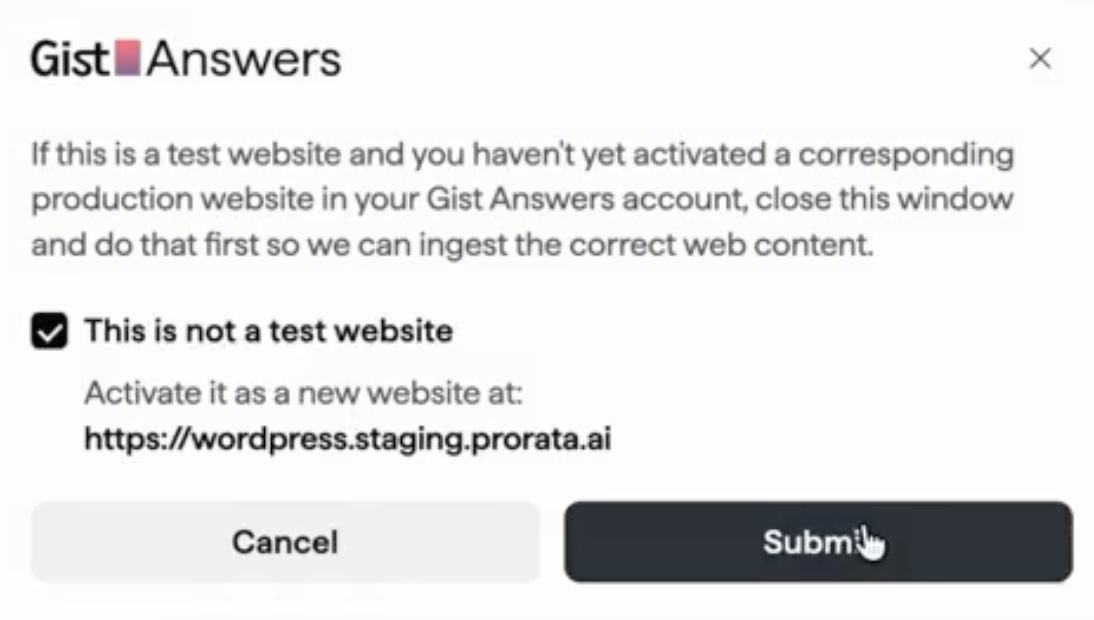 Activate website dialog for your first site, with This is not a test website selected