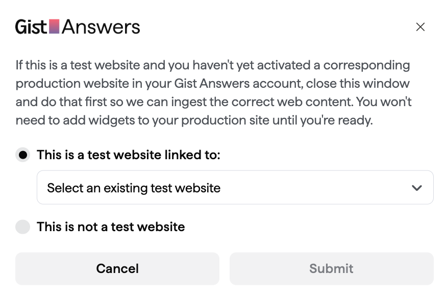 Activate website dialog for another site, with the option to link a test website to a production site