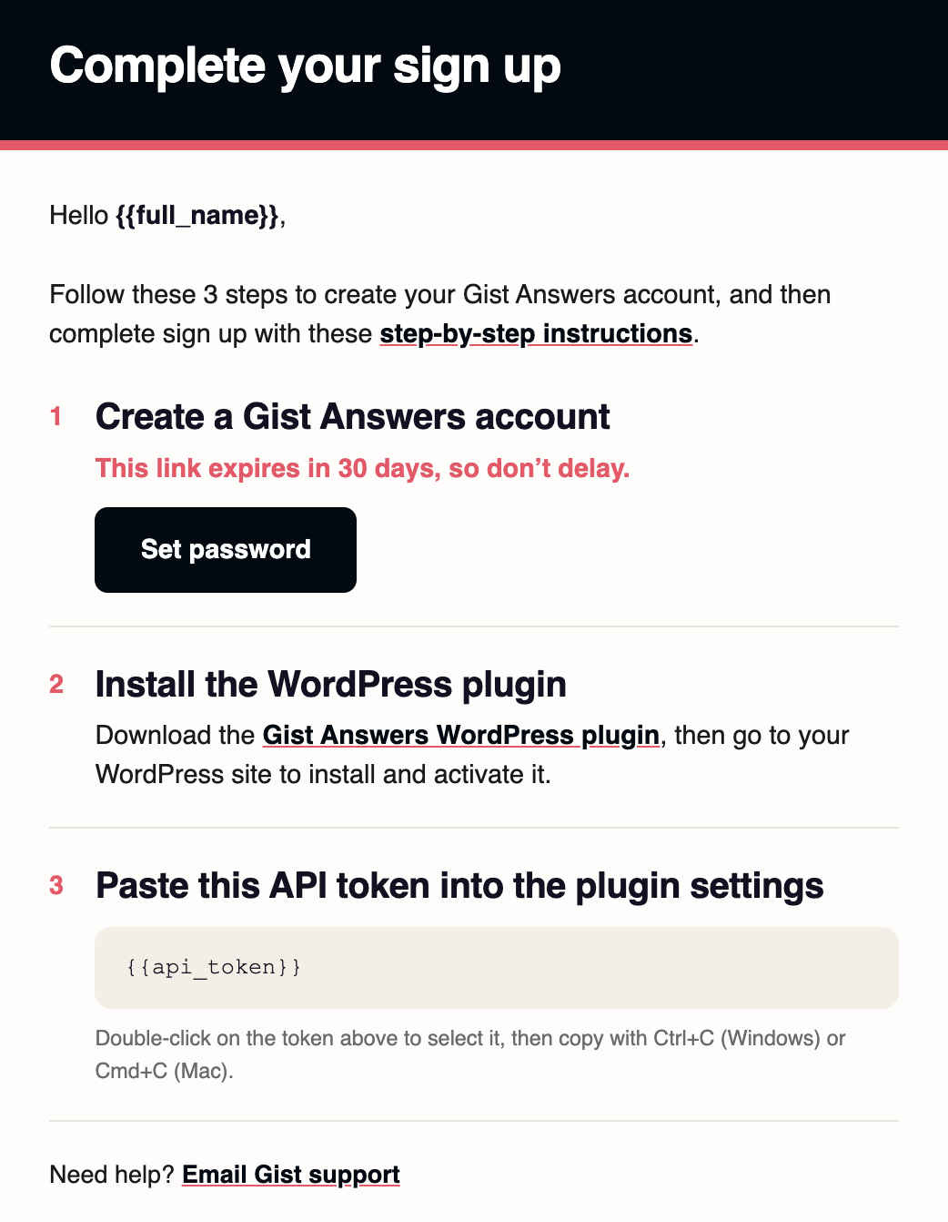 Onboarding email from answers@gist.ai, “Complete your sign up”, with the Set password button, the plugin download link and your API token