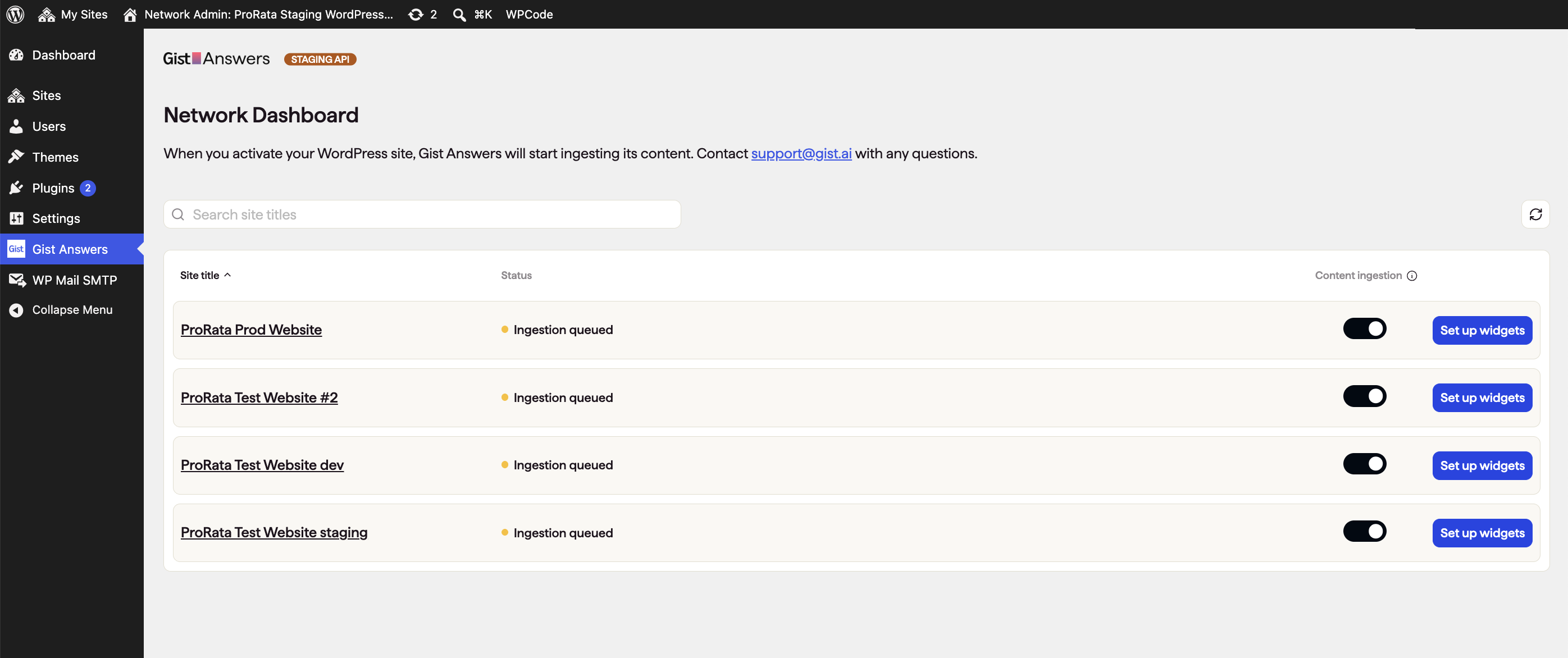 Network Dashboard after activation: every site shows Ingestion queued, its Content ingestion toggle on, and a Set up widgets button