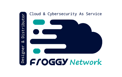 Logo with a stylized cloud and text reading Froggy Network, Cloud & Cybersecurity As Service, Designer & Distributor.