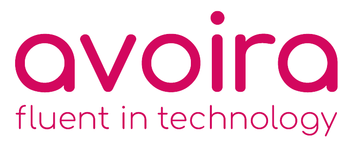 Avoira company logo with the tagline fluent in technology in fuchsia color.