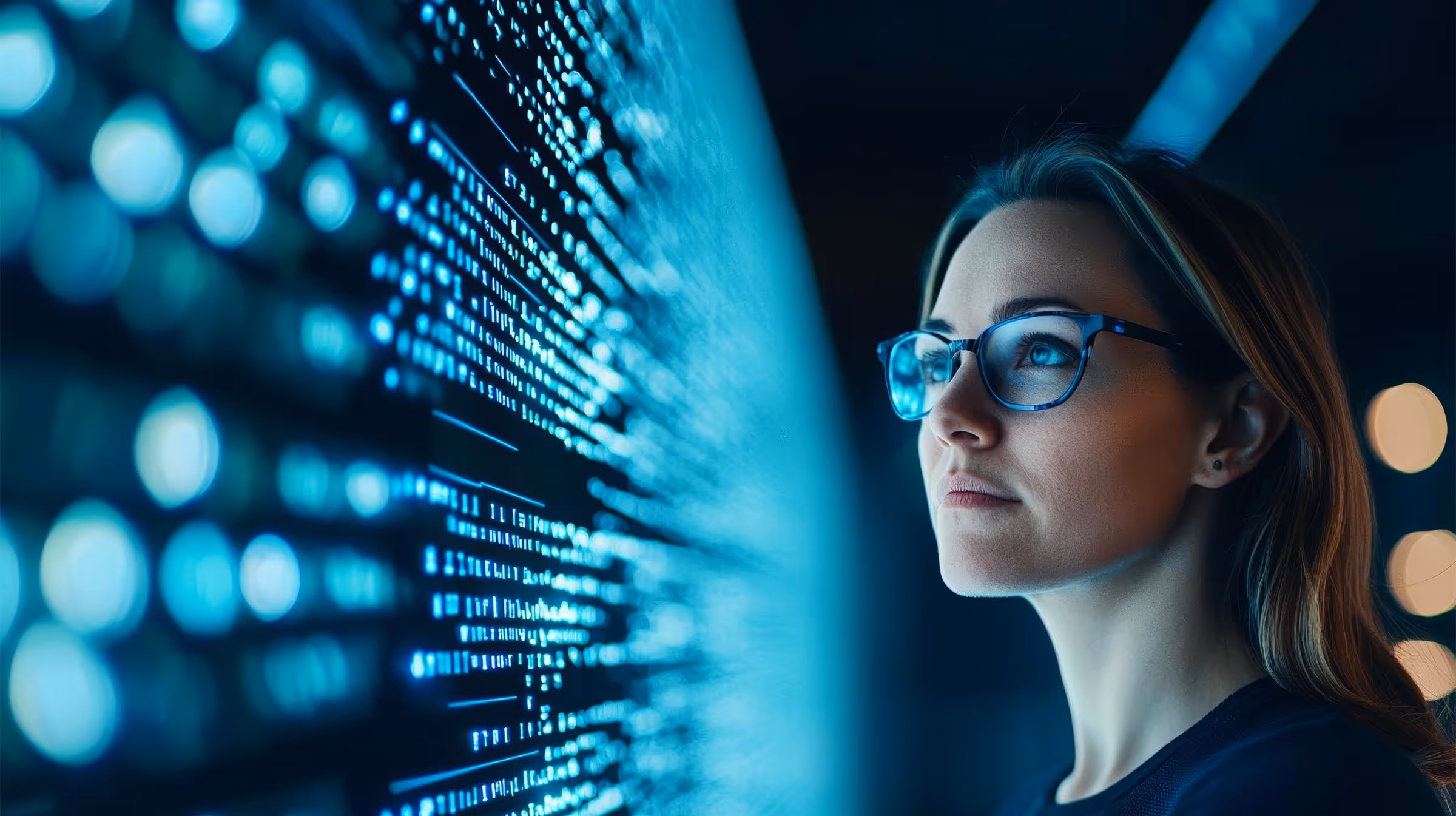 Woman with glasses focused on glowing blue digital data on a screen in a dark room.