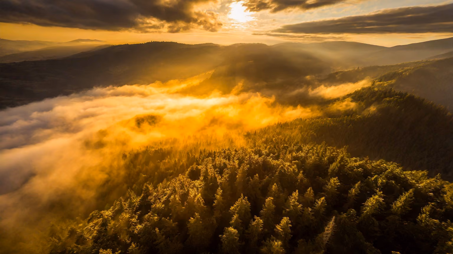 Sunset over misty forested mountains with golden light breaking through clouds.