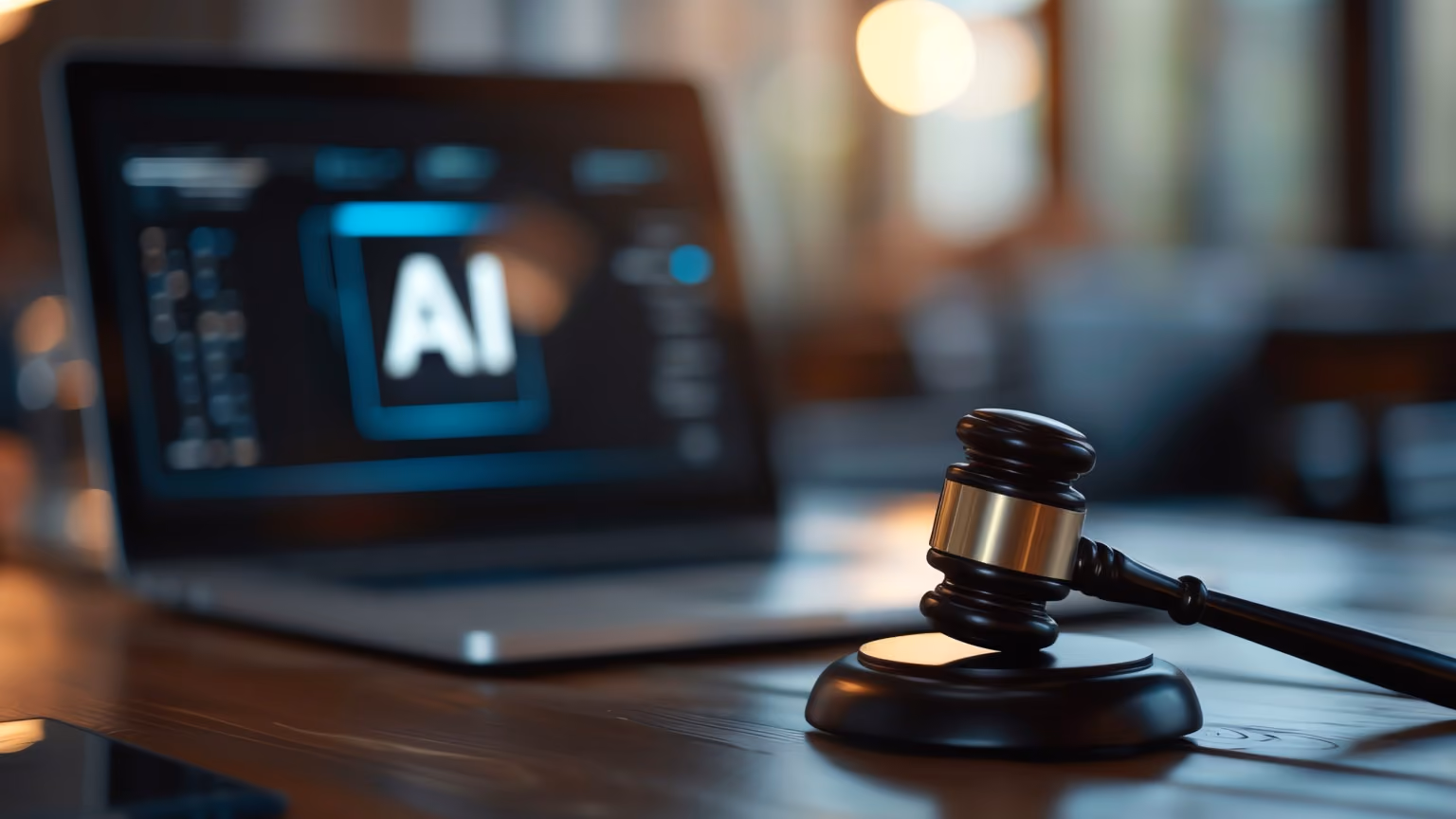 Wooden judge's gavel on desk with laptop showing AI symbol nearby in blurred background.