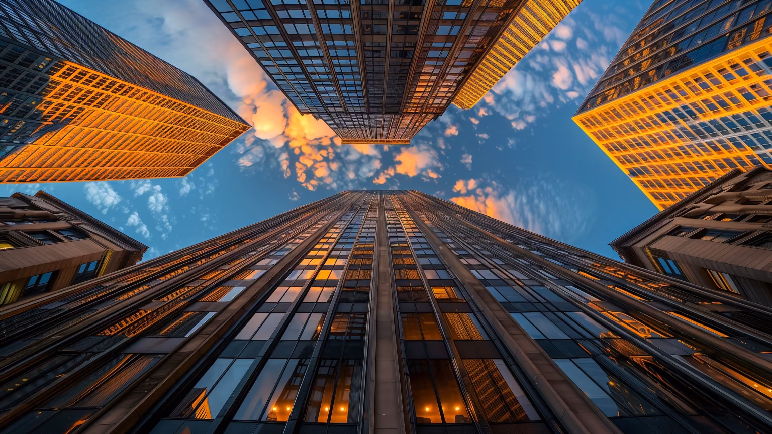 Upward view of tall buildings reflecting golden sunset light against blue sky with clouds.