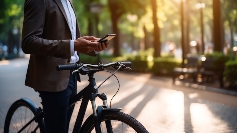 Man in suit holding smartphone next to bike on sunlit park pathway with trees and benches.