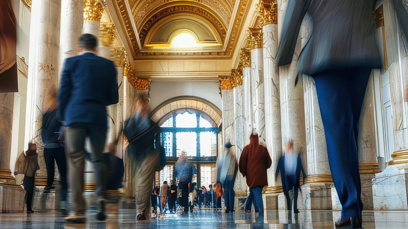 Blurred motion of people walking through a grand, ornate marble hallway with tall columns.