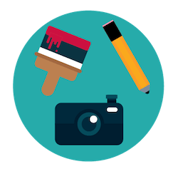 an illustration of a pencil, a paintbrush, and a camera representing creative agency work.