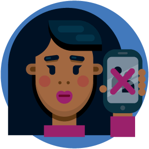 A serious looking person holding up a social media app with an X through it