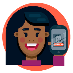 A happy person holding up a phone