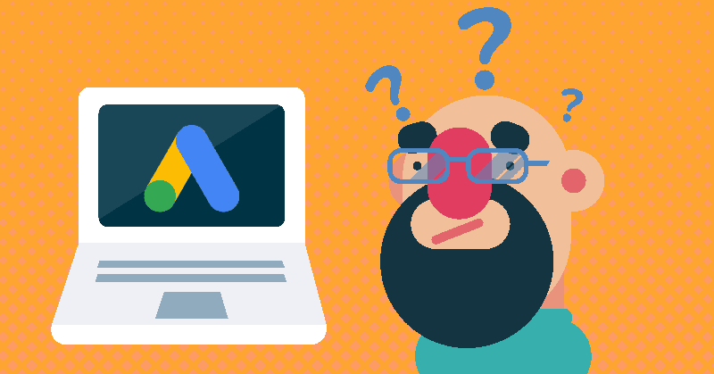 Man thinking about advertising with Google Performance Max and a Google Ads logo appears on a computer screen.