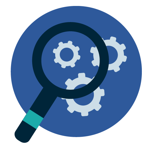 An illustration of a magnifying glass over a set of gears