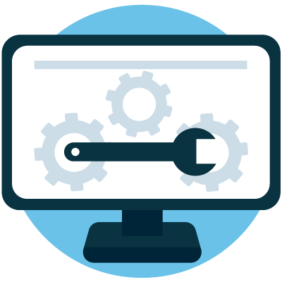 An illustration of a computer screen displaying gears and tools