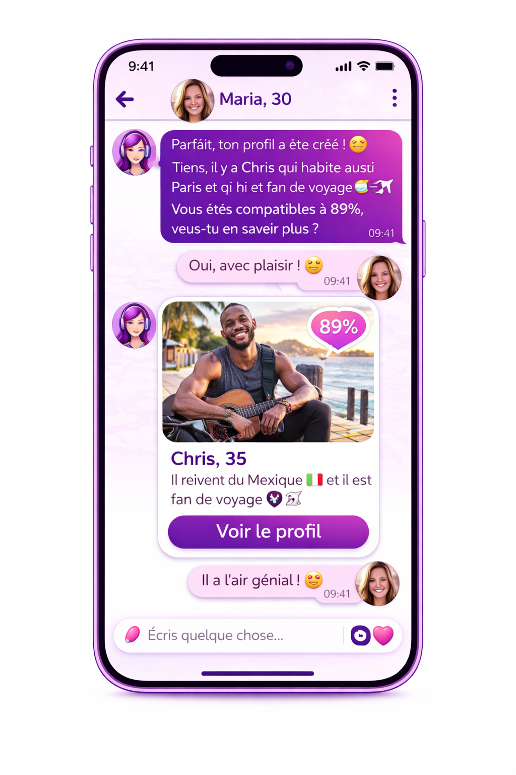 Un profil suggéré par l'agent qui correspond aux critères et passions de l'utilisateur