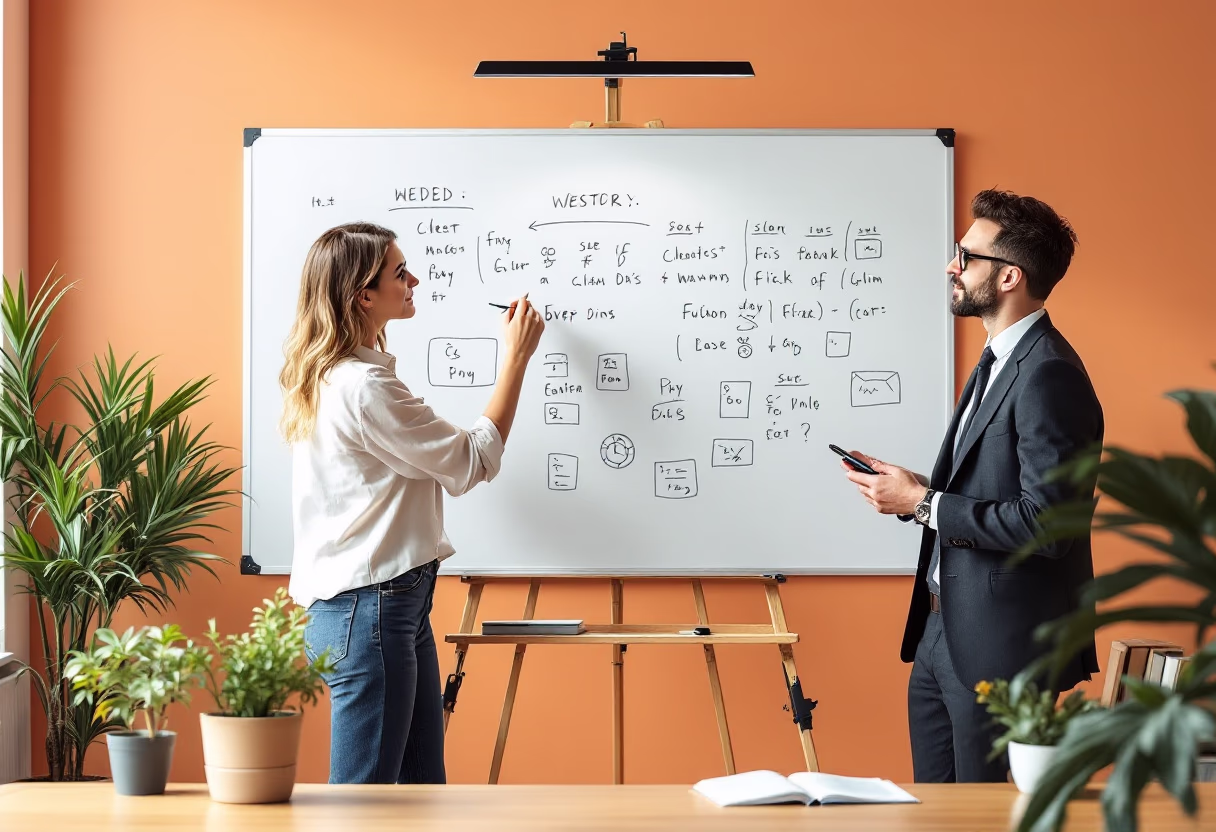 image of the founder in an office (for a wedding planning service)