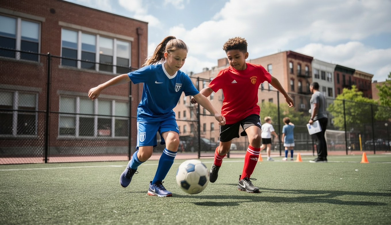 Two students compete for the ball during outdoor soccer practice