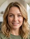 Smiling woman with wavy blonde hair wearing a green top in a softly lit indoor setting.