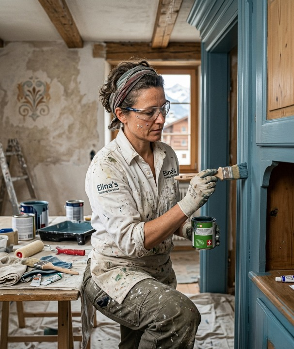 une femme peintre accroupis peignant un meuble 