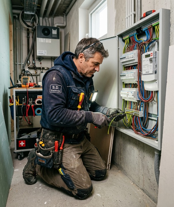 Charpentier entrain de siller une poutre sur une charpente 