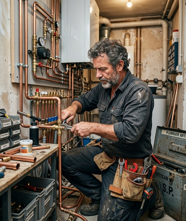Un plombier accroupis réparant des tuyaux 