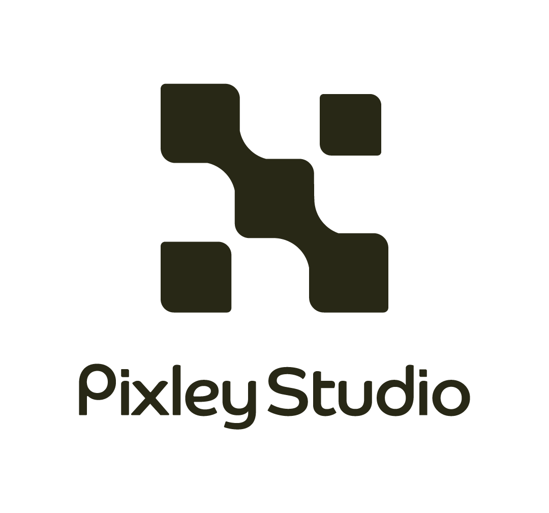 Logo di Pixley Studio con design astratto di quadrati neri con angoli arrotondati.