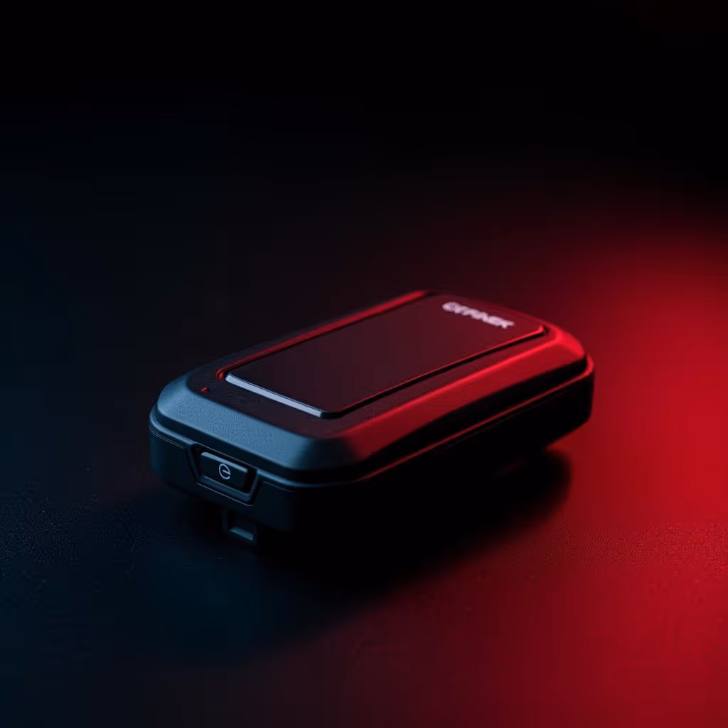Close-up of a black electronic device with a sleek design and button, illuminated by red lighting on a dark surface.