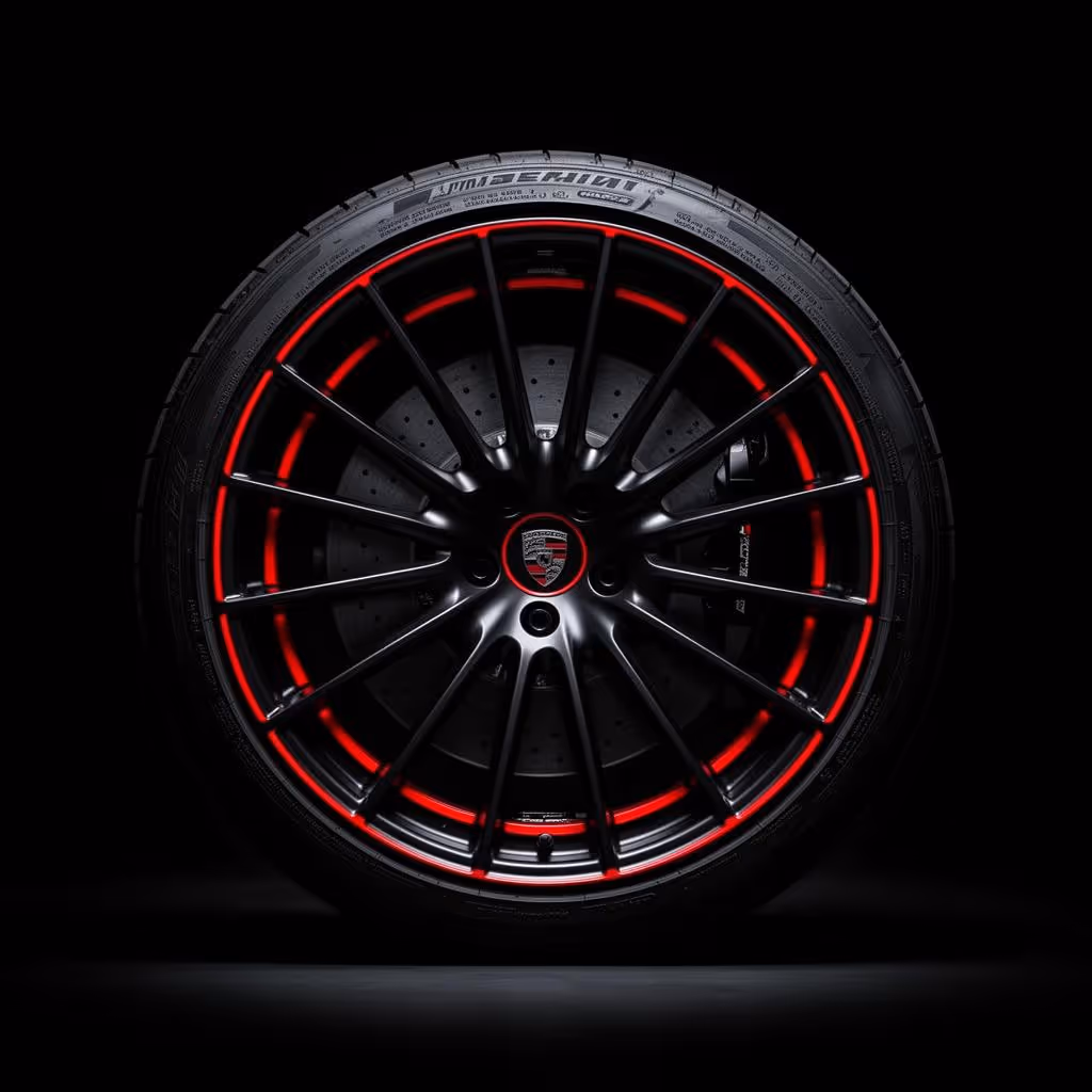 Black car wheel rim with red accents and a Porsche emblem in the center on a black background.